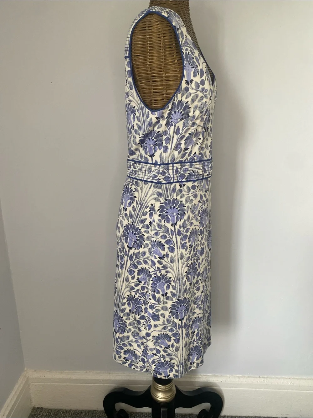 Tory Burch Blue and White Floral V-Neck Midi Dress